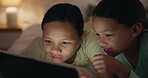 Happy girl children, bedroom and tablet at night for movies, online video games and reading digital ebook story in dark. Face of kids watching fun multimedia, streaming cartoon and elearning at home 
