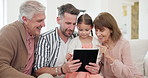 Family, grandparents and child on tablet, sofa and home education, e learning support or watch video together. Happy father, senior people and girl kid on digital technology  for school or web games