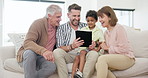 Father, grandparents and child on tablet for home education, e learning support or watch video together on sofa. Interracial family, child and senior people on digital technology for school or games