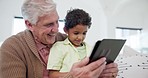 Grandfather, child and tablet for home teaching, e learning support and talking, laughing or happy website games. Senior man, interracial family and kid education on digital technology for school