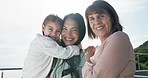 Smile, face and child with mother and grandmother on a vacation, holiday and weekend trip together. Happiness, excited and portrait of girl kid with mom and senior woman in retirement in nature.