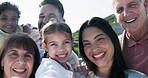 Smile, selfie and face of happy big family on a vacation, holiday and weekend trip together. Happiness, excited and portrait of children taking a picture with parents and grandparents from Canada.