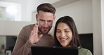 Tablet, wave and video call with an interracial couple in their home together for internet communication. Technology, smile or happy with a man and woman talking online for virtual networking