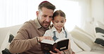 Reading, book and father with girl in home, teaching and learning about Torah, religion and spiritual knowledge. Child, education and sharing Jewish faith, history and culture on sofa together