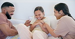 Home, fun and parents play with teenager in bedroom and silly bonding with child. Tickling, game and girl with goofy mom and dad in family house with love, care and laughing in happiness together 