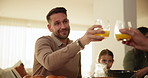 Hands, toast and a man at a family gathering with a drink for celebration at a party or event in a home. Love, smile and cheers in an apartment with a person looking happy in the holiday season