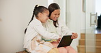 Tablet, games and kids together in home and learning, playing and scroll online with application. Girl, children and bonding with technology, website or happiness in apartment with education and fun