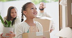 Children, moving box and father walking into new house, mortgage and real estate success. Family home, face and excited girl kids smile with dad at a front door of dream, apartment or family property