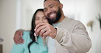 Hands, couple and keys in new home for moving, real estate investment and security for future. Closeup, man and woman hug to celebrate deal for property, house building and finance for mortgage loan