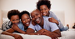 Happy family, laughter or face with love on bed, care support or morning bonding on weekend in home. Black father, mother and kids in smile portrait with comedy, playful and fun on vacation in house
