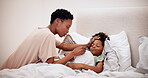 Bed, woman and healthcare for child with fever, talking and comfort for cold symptoms in home. Black family, mom or son with love to check forehead for flu illness, support sick kid or wellness care