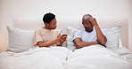 Black couple, fight and argument in bedroom, conflict or marriage crisis together in home. Divorce, man and woman in bed, problem or frustrated at relationship fail, angry or cheating, stress or sad