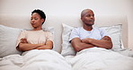 Black couple, fight and ignore in bedroom, conflict or marriage crisis together in home. Divorce, man and woman in bed, problem or frustrated at relationship, fail or angry at cheating, stress or sad