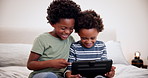 Black kids on tablet in bedroom, funny and smile to watch cartoon, movie or meme together. African children, tech and laughing on bed, website app and family or brothers relax on social media in home
