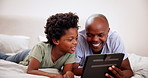 Father, smile and black kid on tablet in bedroom, learning or watch cartoon together. African children, tech and dad on bed, website app and family on internet, relax or bond on social media in home