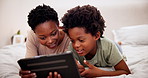 Black mother, smile and child on tablet in bedroom, learning and watch cartoon together. African kid, technology and mom on bed, internet app and family relax, online education and talking in home