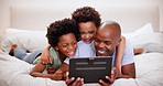 African father, smile and kids on tablet in bedroom, learning or watch funny cartoon. Black children, tech and dad on bed, website app and family laugh together, relax or bond on social media in home