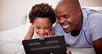 Father, happy black kid and tablet in bedroom, learning or watch cartoon on internet. African child, technology and dad on bed, website app and talking together, relax or bond on social media in home