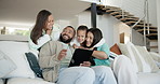 Running children, hug and parents on a sofa with tablet for streaming, social media or chat in their home together. Love, happy family and excited kids embrace people in a living room with support