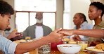 Black family, praying and food in home, holding hands and support with gratitude, faith and religion. Men, women and kids with care, love and kindness in house for connection, thanksgiving or brunch