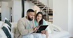 Couple, tablet or social media on sofa in home to download ebook, search internet or scroll information in living room. Man, woman or digital technology for online shopping, subscription or blog post