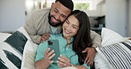 Man, woman and happy selfie with hug by couch, love and care bonding in marriage together with wellness support. Interracial couple, smartphone or smile in embrace with gratitude, technology or home