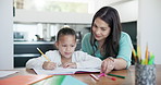 Mother, daughter and help or support with homework, learning and writing in notebook for education. Family, woman and girl child with teaching, tutor and parenting with conversation and development