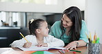 Mother, daughter and help or support with education, learning and writing in notebook for homework. Family, woman and girl child with teaching, tutor and parenting with conversation and development