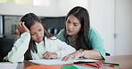 Mother, child and homework frustrated stress for education struggle, fail or tired upset. Woman, daughter and paper for learning school or books study for future knowledge, information from parent