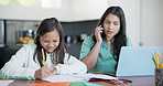 Mother, daughter and remote work with phone call, laptop and help with homework and support in living room. Family, woman or girl child with happiness, multitasking and communication or freelance job