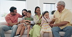 Happy, tickling and children with parents and grandparents on sofa in the living room together. Smile, laughing and kids playing with mother, father and senior man and woman in lounge at family home.