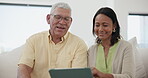 Tablet, talking or happy old couple on social media for communication, website or internet connection. Meme, smile or senior woman with an elderly man online to scroll on streaming technology at home