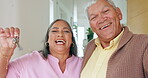 Selfie, happy and new house with keys, property and retired homeowners at front door. Man, woman and elderly with smile, mortgage and celebrate for investment, senior couple home and gated community