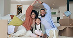 Family, portrait and insurance with smile for real estate, home owners and investment on floor. Roof hands, man and woman with child, happiness and new house with boxes, living room and property 