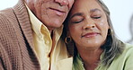 Senior couple, happy and eyes closed with hug, marriage and embrace in home and retired. Retirement, elderly or love for commitment, bonding together or care for romantic relationship, man or woman
