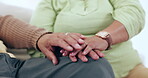 Hands, trust and a couple closeup in their home for love, empathy or comfort in time of loss, pain and grief. Help, support or hope with a man and woman praying for spiritual faith or healing