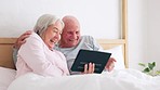 Senior, happy couple and tablet for fun in bedroom with social media, post or meme on app. Elderly woman, man and married with laugh for joke on screen, scroll or browse by internet with connection