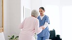 Old woman, lifting or nurse in nursing home to help in retirement for wellness or medical support. Wheelchair, balance or caregiver with a female elderly person in physical therapy or rehabilitation 