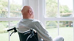 Window, thinking and senior man in wheelchair,  and anxiety for healthcare, retirement and surgery. Nursing home, mental health and elderly person with disability, depression and grief or lonely  