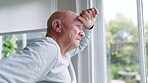 Window, thinking and senior man or alzheimer, doubt and anxiety for future, retirement and death. Elderly person, nursing home and depression or mental health, reflection and regret decision or fear