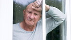 Window, thinking and senior man or depression, doubt and anxiety for future, retirement and alzheimer. Elderly person, nursing home and sad or mental health, reflection and regret decision or fear