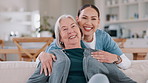 Face, hug and nurse with old woman, love and happiness with retirement, funny and laughing. Portrait, caregiver and elderly woman on a couch, embrace and humor with support, weekend break and home