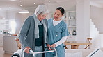 Nurse, rehabilitation and senior woman on walker in nursing home, help and healthcare. Happy caregiver, person with a disability and walking frame, medical support and physical therapy or consulting