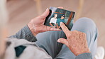 Photograph, memory and old woman in home remember date, event and marriage with nostalgia. Elderly, hands and mourning death of husband or person in vintage picture with love and thinking of history