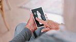 Photograph, memory and old woman in home remember wedding, event and marriage with nostalgia. Elderly, hands and mourning death of husband or man in vintage picture with love and thinking of history