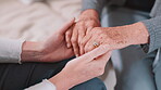 Senior, woman and hands comfort closeup for grief loss, bad news or medical problem information. Old person, fingers and support for fear conversation or wellness kindness, empathy for anxiety stress