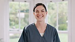 Face, smile and a woman nurse in an assisted living home for medical healthcare you can trust. Portrait, medicine and a happy young caregiver in her scrubs uniform for personal care in a clinic