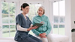 Woman, doctor and tablet with senior patient in consultation, discussion or checkup at old age home. Female person, nurse or medical caregiver talking on technology in healthcare, results or therapy