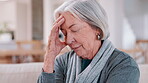 Stress, headache and senior woman in home with mental health, depression or anxiety in retirement. Migraine, pain and tired elderly lady with vertigo, brain fog or fear of healthcare in apartment 