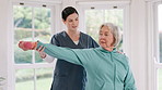 Woman, nurse and senior patient with dumbbell in physiotherapy, fitness or exercise at old age home. Female person, therapist or doctor helping client in stretching, therapy or weightlifting at house